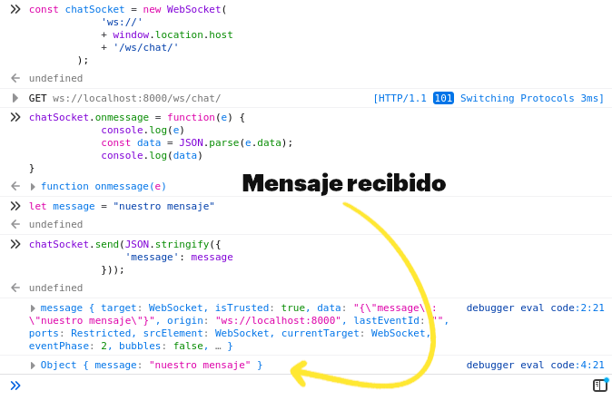 Response from a websocket in the javascript console