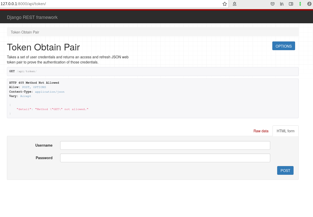 Django REST Framework screen, username and password requested