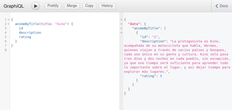 Result of the query animeByTitle in graphql