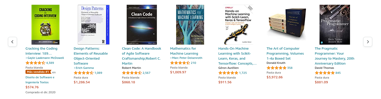 Historial de productos visitados de amazon, incluye Cracking the code interview, Design Patterns, Clean Code y the Pragmatic Programmer.