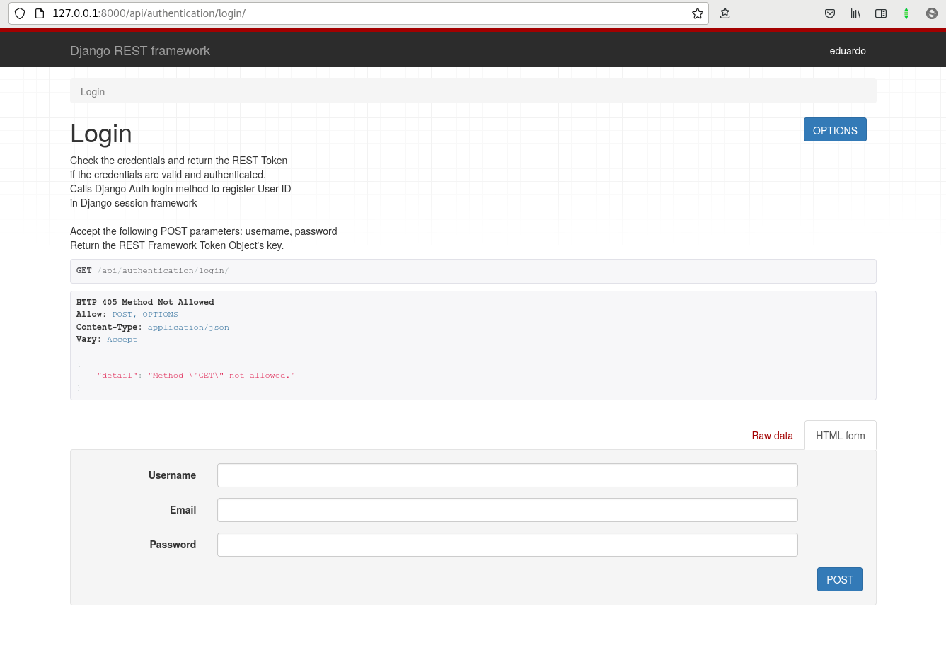 Pantalla de Loggeo en Django REST framework