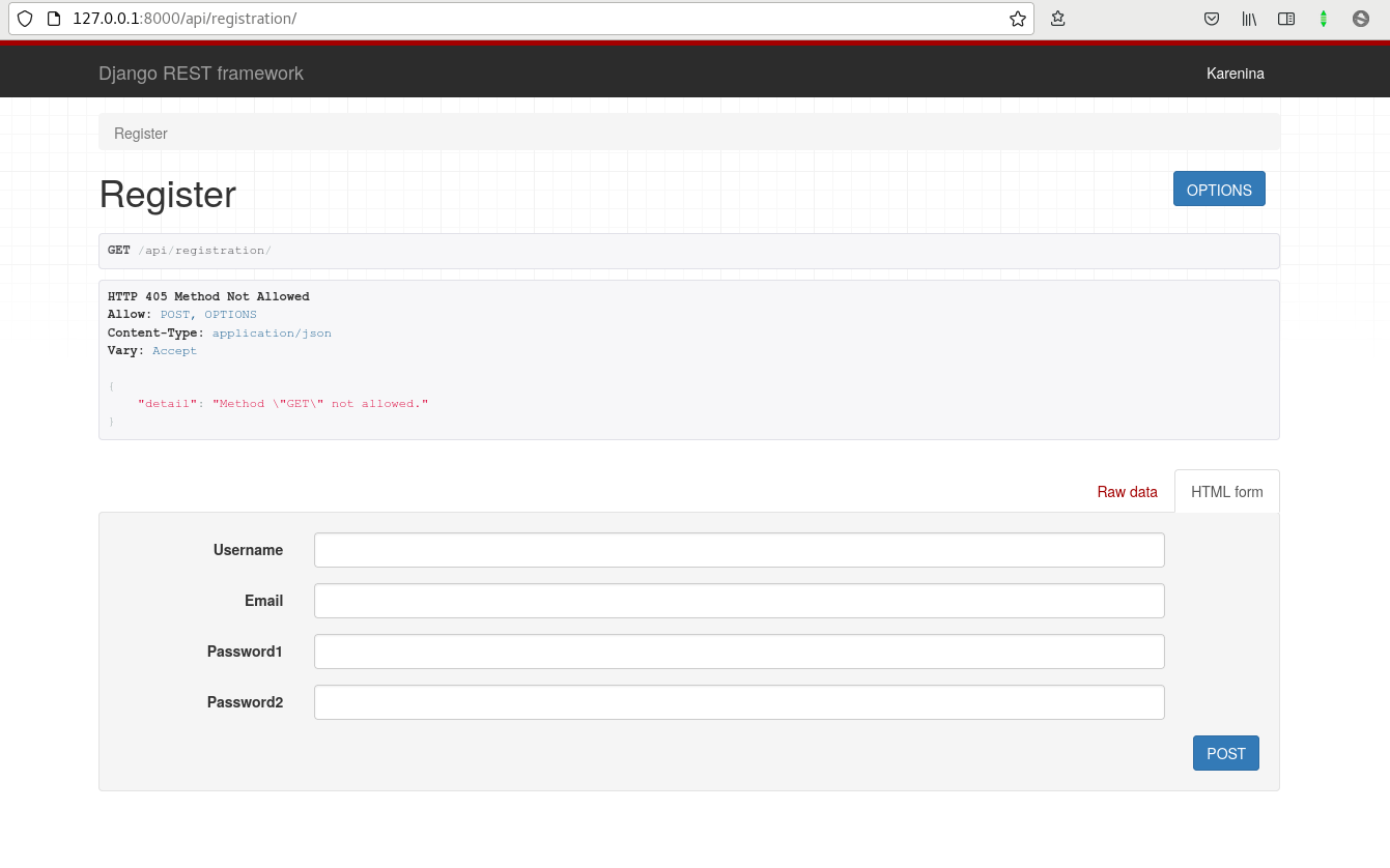 Django REST Framework registration screen