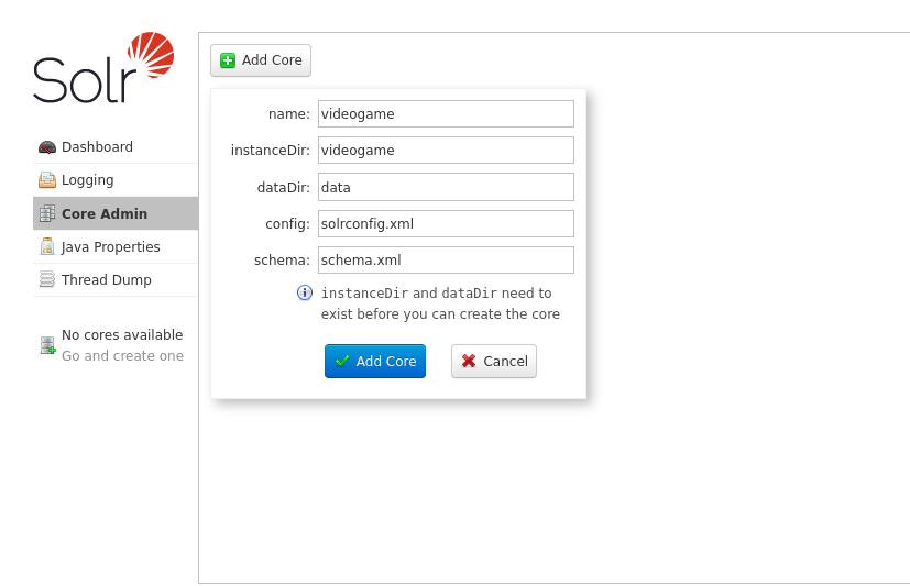 Form for adding core in Solr