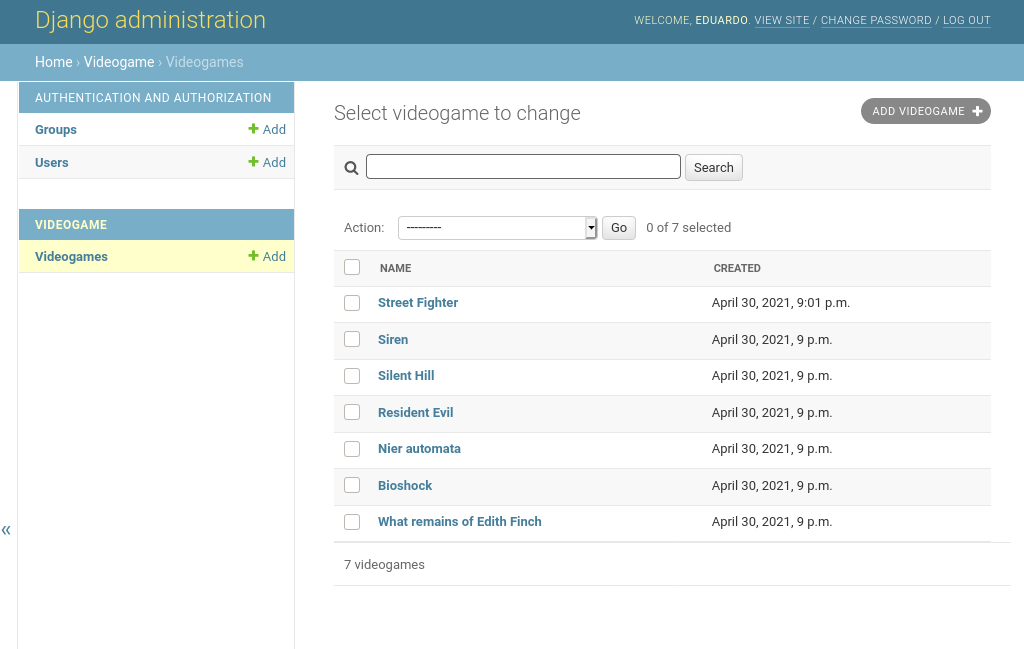 django admin admin panel with the created field and search bar added
