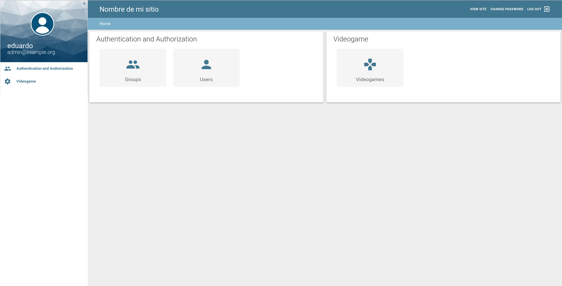 admin main screen with django material