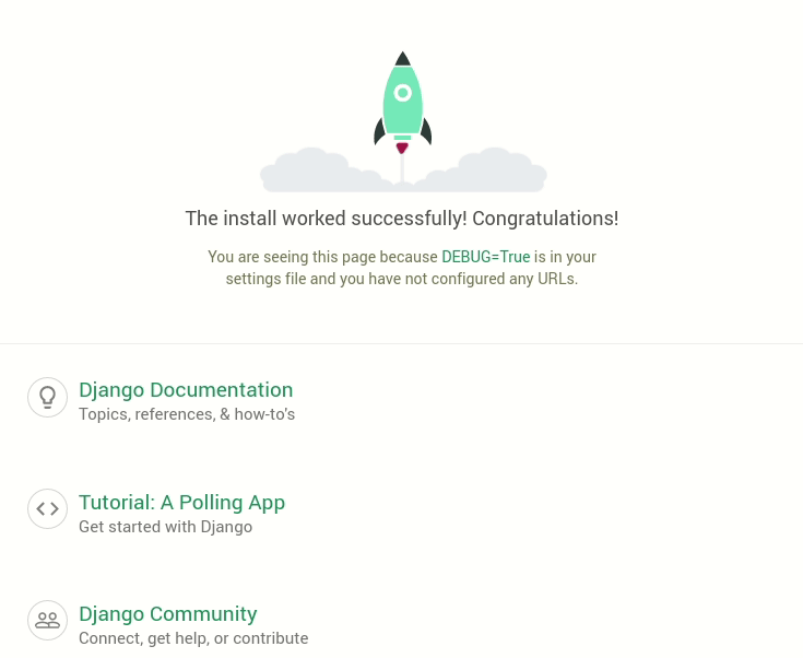 Django installation success page, shows welcome message and links to documentation