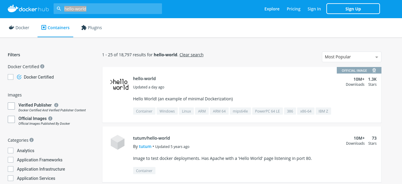 Screenshot from Dockerhub, the official repository for Docker images