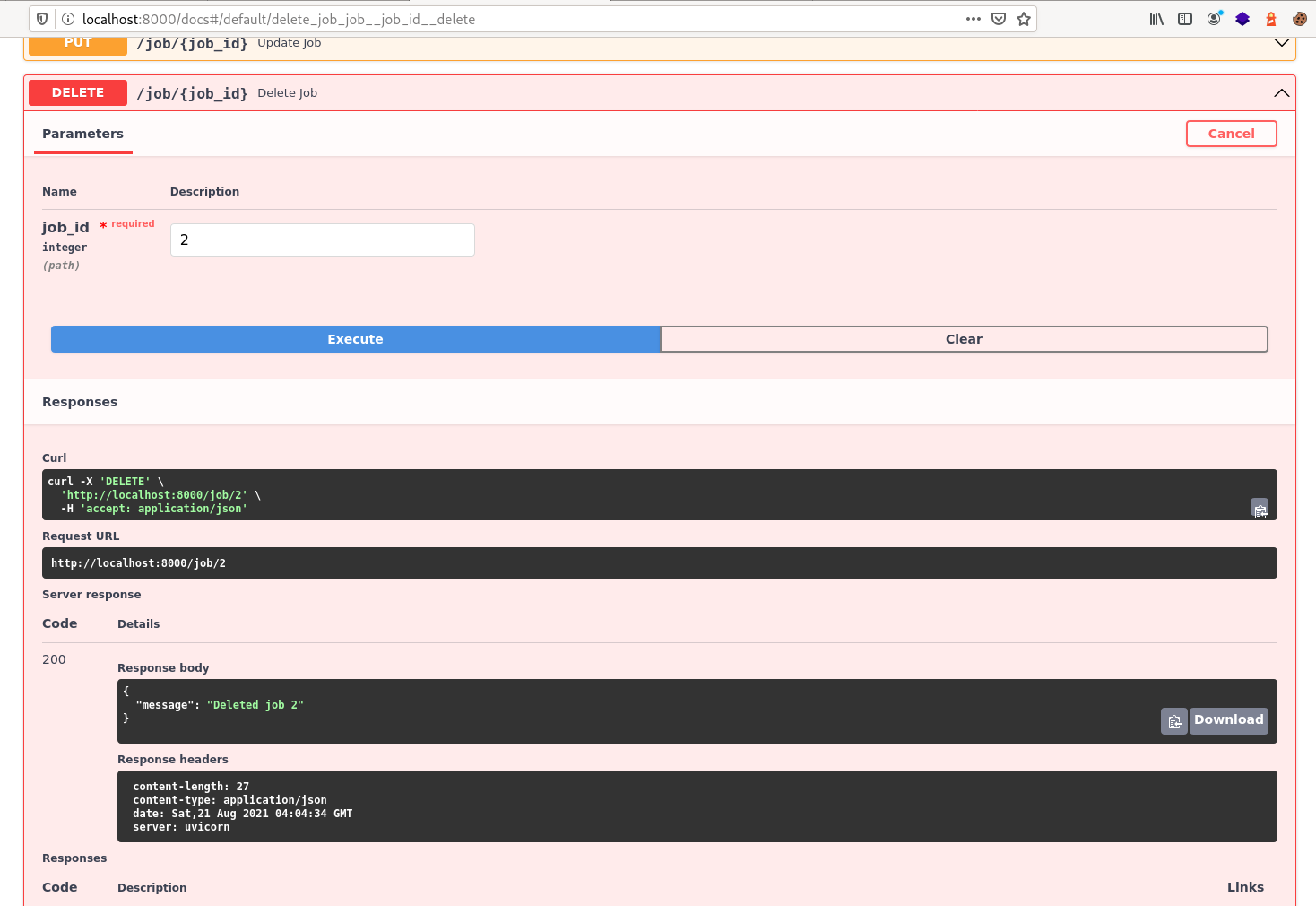 Deletion of an object using fastAPI and swagger