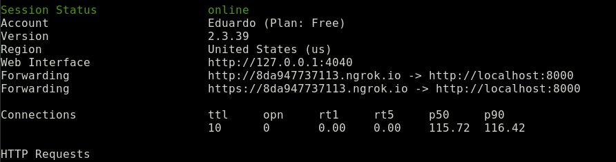 Información de la información de Ngrok para el ejemplo de Django