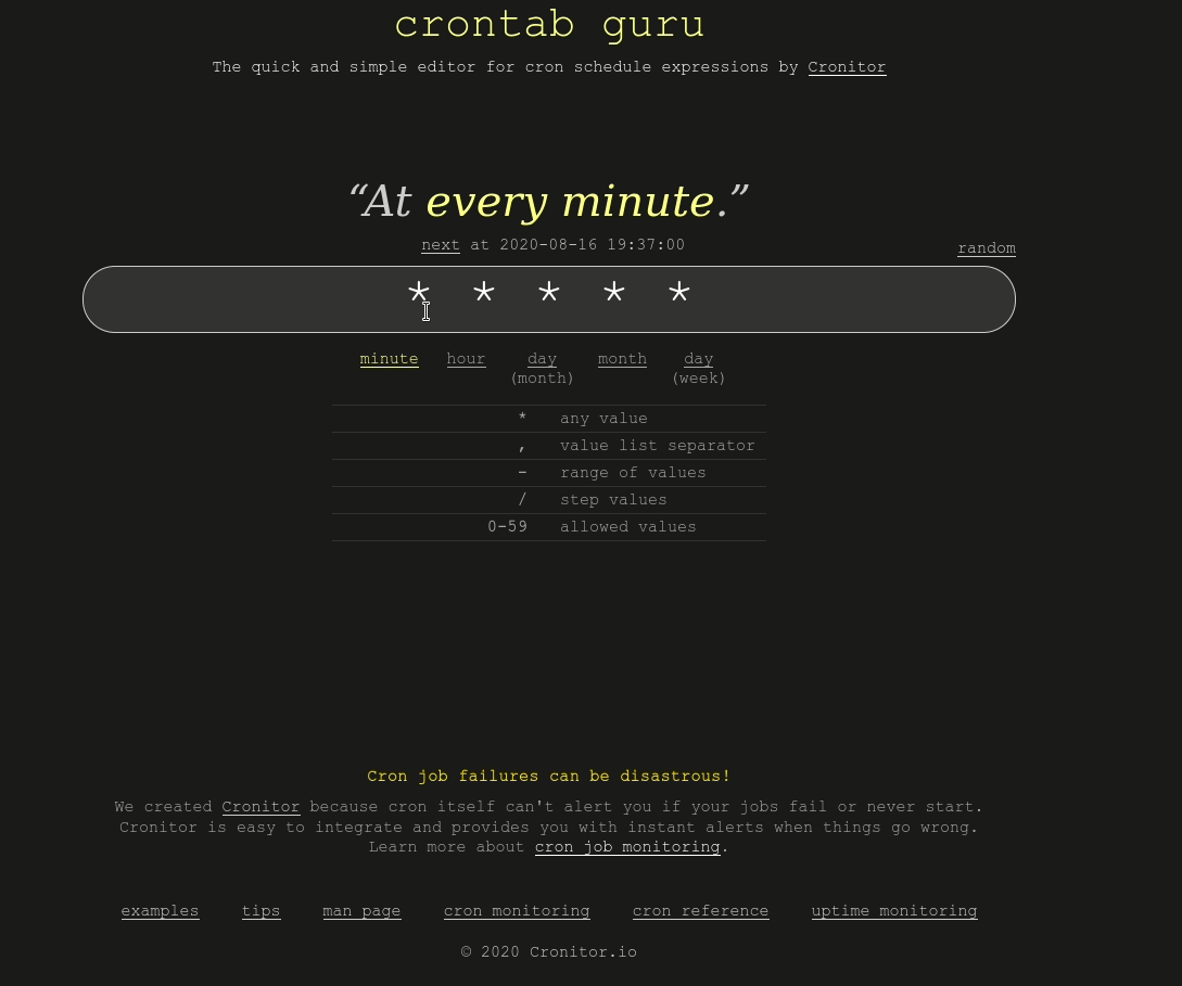 Screenshot of crontab guru