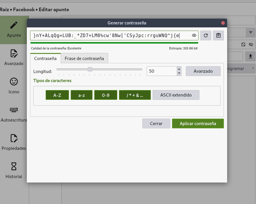 Types of password creation in keepassxc