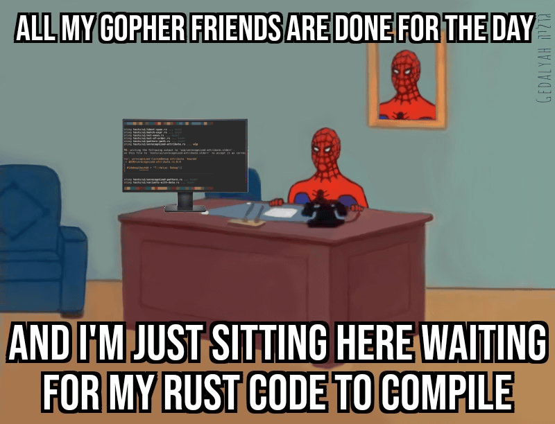 Meme sobre la diferencia de tiempo de compilacion entre Go y Rust