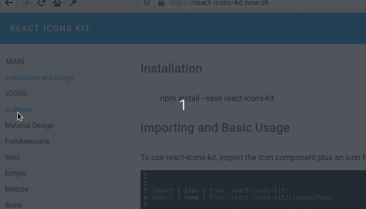 Screenshot of the React icons kit page