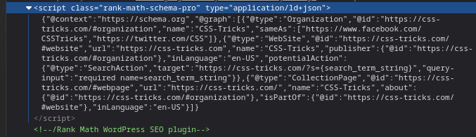 Screenshot of structured data markup on a web site