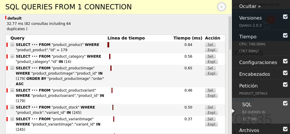 Django debug tool bar showing the SQL queries of a Django request